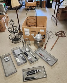 Bx Misc. Wrought 2 Tier Stand 19", Plate Stand 23", Kitchen Utensils, Lamp, Rug Beaters, Etc.