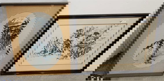 2 Framed Items Acrylic Of A Man Sgnd Rosenblum 25 1/2" X 18" w/Frame 33" X 25" + Litho Sgnd Moshe