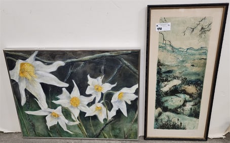 Lot 2 Framed Items O/C Floral Sgnd Francke 22" X 28", Litho Landscape Sgnd 30 1/2" X 14 1/2"