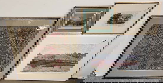 Lot 4 Framed Items Asian Fabric 19 1/2" 20" w/Frame 26 1/2" Sq., Litho February Sgnd 21/125 13 1/2"