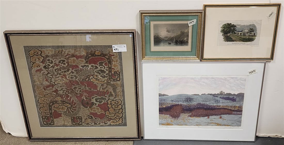 Lot 4 Framed Items Asian Fabric 19 1/2" 20" w/Frame 26 1/2" Sq., Litho February Sgnd 21/125  13 1/2" (1 of 10)