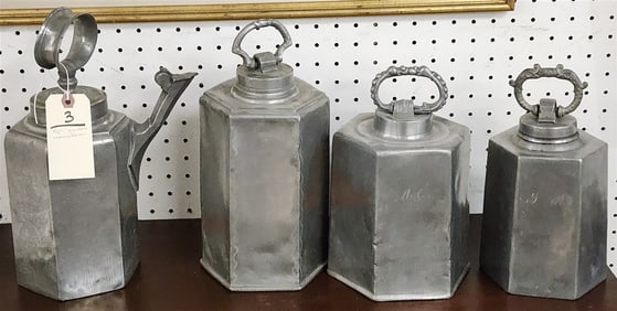 Lot 4 Pewter Covered Canisters 13" H, 11", 9" + 8 1/2" w/Screw Tops