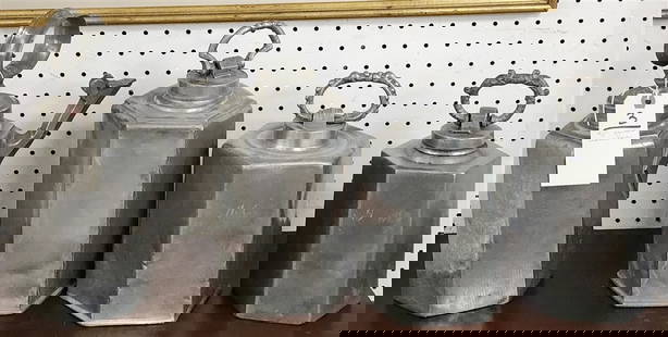 Lot 4 Pewter Covered Canisters 13" H, 11", 9" + 8 1/2" w/Screw Tops: Lot 4 Pewter Covered Canisters 13" H, 11", 9" + 8 1/2" w/Screw Tops