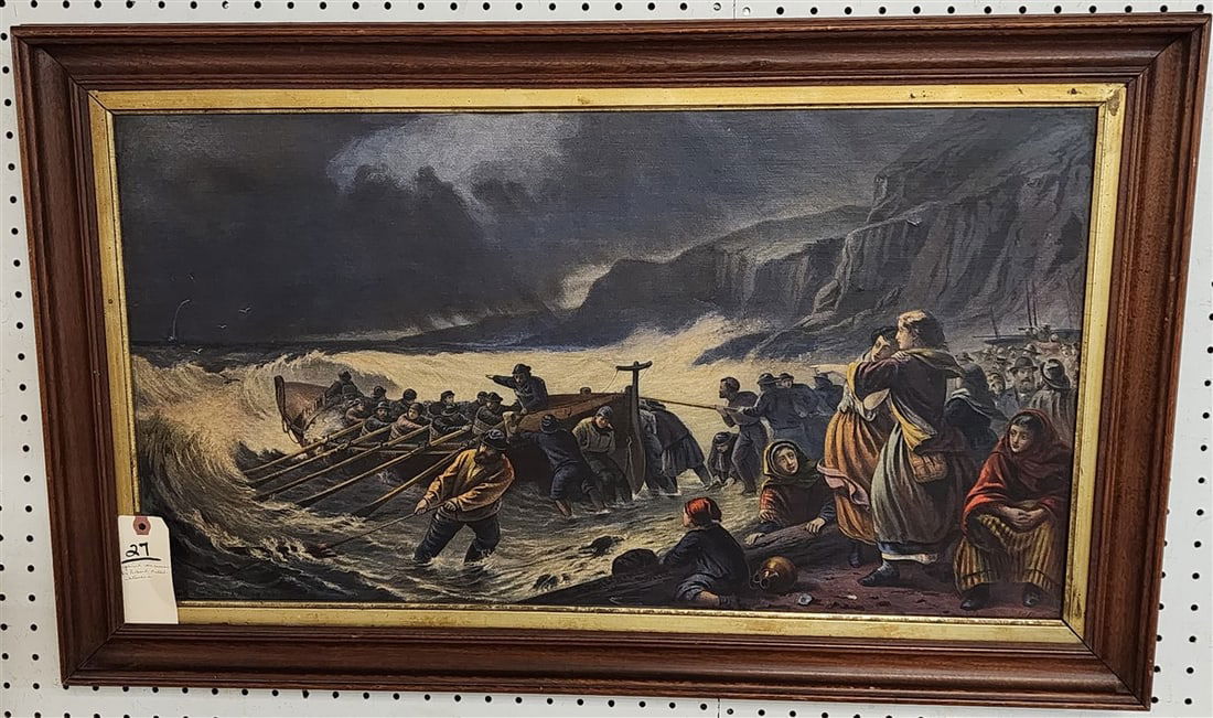 Framed Print On Canvas "The Departure, Launching The Life Boat" By Robert Mallet - Stevens Stamped: Framed Print On Canvas "The Departure, Launching The Life Boat" By Robert Mallet - Stevens Stamped Grates With The Citizen And Round Table 16" X 29" w/Frame 8 3/4" X 31"