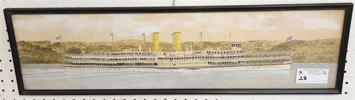 Framed Pen + Ink W/C Paddlewheel Alexander Hamilton Sgnd A.J. Morse '43 7 3/4" X 29 3/4" w/Frame 8