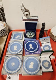 Tray Wedgewood - Jasperware 5 Sweet Dishes - Inc. Queen Eliz., Dresser Clock Bx 1 3/4" H X 3"