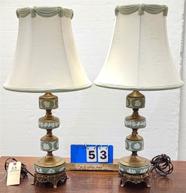 Pr. Wedgewood Jasperware Mounted Brass Table Lamps 25"