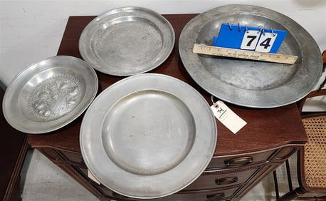 Lot 4Pewter Chargers 1 1/4" H X 16 3/4" Diam. Mkd. G.S.W. 1697, 1 1/4" X 13 1/2" Diam., Hallmarked +
