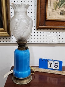 C1860 Napoleon III Blue Opalene Glass Base Oil Lamp - Elec. 20"