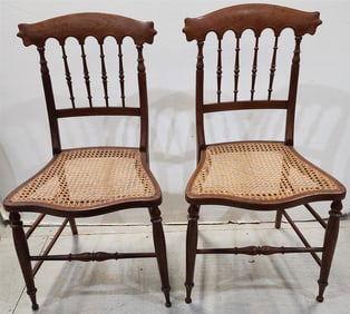 Pr. 19th C Walnut Cane Seat Side Chairs w/Band Inlay 32 1/2" H X 16 3/4" W X 15 1/2" D