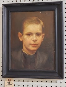Framed O/Panel Of A Boy 13" X 10" w/Frame 16 1/2" X 13 1/2"