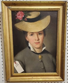 Framed 19th C O/B Portrait Of A Woman Unsgnd 19" X 14" w/Frame 22 3/4 X 17 1/2"