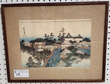 Framed Japanese Wood Block Print By Utagawa Hirshige "Ushima Shrine In Hongo District"