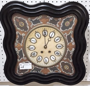 19th C French Wall Clock w/Marble Face + Inlaid Surround 19 1/2" Sq. X 5 1/2" D