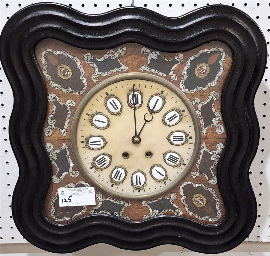 19th C French Wall Clock w/Marble Face + Inlaid Surround 19 1/2" Sq. X 5 1/2" D (1 of 4)
