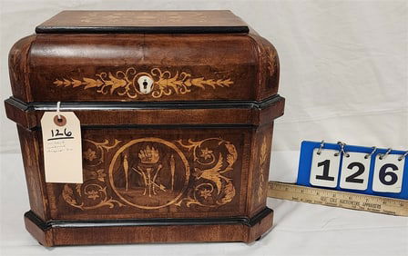 Inlaid Walnut Liquor Box - 1 Decanter Missing 12" H X 14 1/2" W X 10 1/2" D
