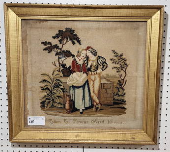 Framed 19th C Needlework By Ellen E. Fowler Aged 10 Yrs. 17 3/4" X 19 3/4" w/Frame 22 1/2" X 24 1/2": Framed 19th C Needlework By Ellen E. Fowler Aged 10 Yrs. 17 3/4" X 19 3/4" w/Frame 22 1/2" X 24 1/2"