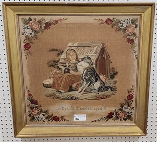 Framed 19th C Needlework By Ellen E. Fowler Aged 9 Yrs. 24" X 24 1/2" w/Frame 29" X 29 1/2"