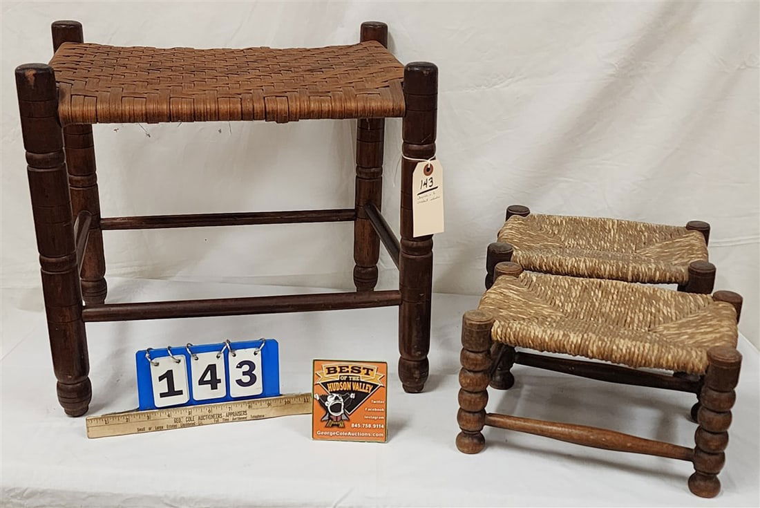 Splint Seat Bench 18" H X 19" W X 15" D + 2 Rush Seat Cricket Stools 7 1/2" H X 12" W X 8 1/2" D (1 of 3)