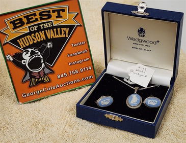 Bx'd Sterl. Necklace w/Wedgewwod Pendant + Pr. Sterl. Wedgewood Earrings