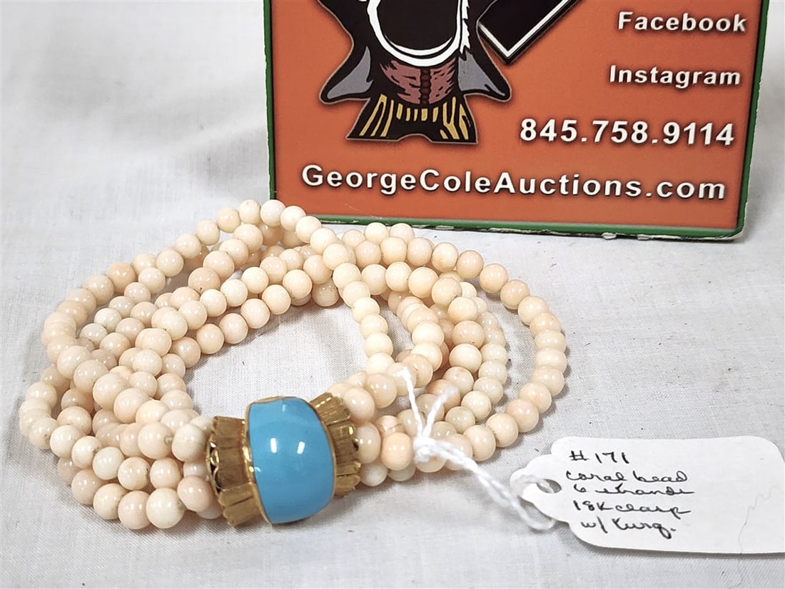 Coral Bead 6 Strand Bracelet w/18K + Turq. Clasp (1 of 6)