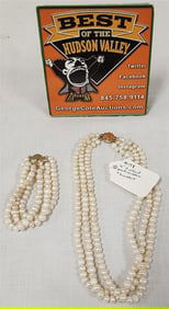 Pearl 3 Strand Necklace w/14K Clasp 12" w/Matching 3 Strand Bracelet w/14K Clasp 12"