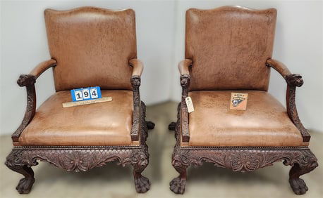 Pr. Carved Walnut Framed Leather Uphols. Armchairs 39" H X 32" W X 22" D
