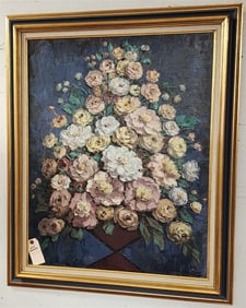 Framed O/C Pyramid Floral Sgnd Marguarite Du May 32" X 25 1/2" w/Frame 39" X 31 1/2" (1903-1961)