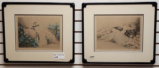 Framed Louis Icart Etchings "Lady With Blue Flowers" 9 1/2" X 12" w/Frame 16 1/4" X 19" + "Lady On