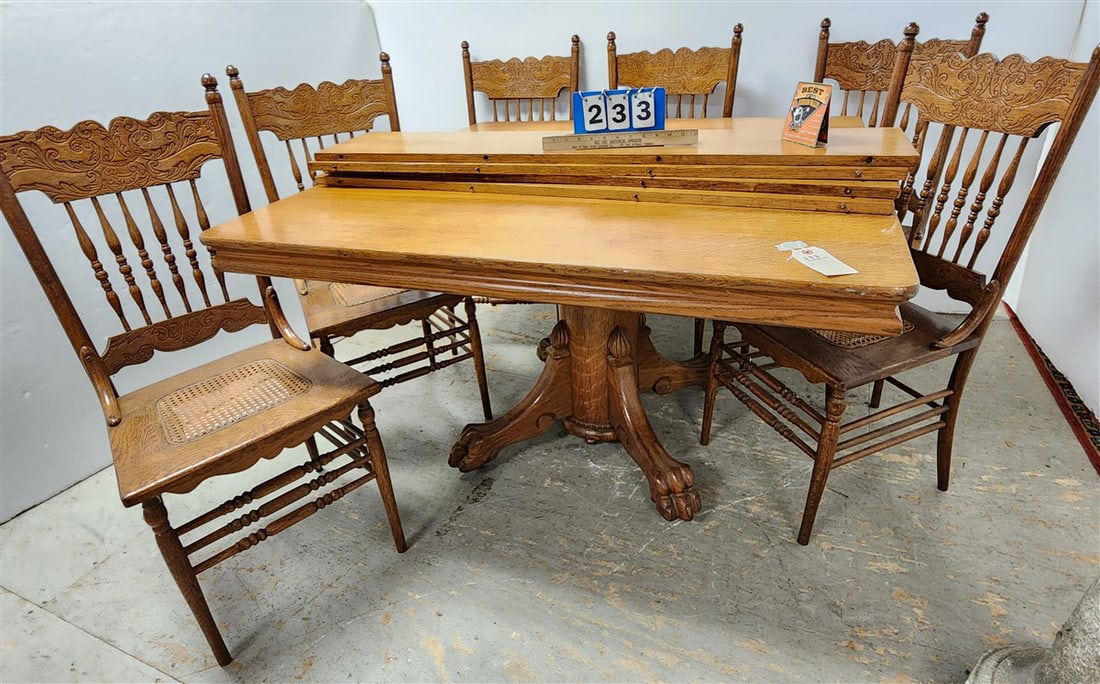 Vintage Oak 4" Sq. Ped Base Table w/4- 9" Leaves + 6 Vintage Spindleback Chairs (1 of 6)