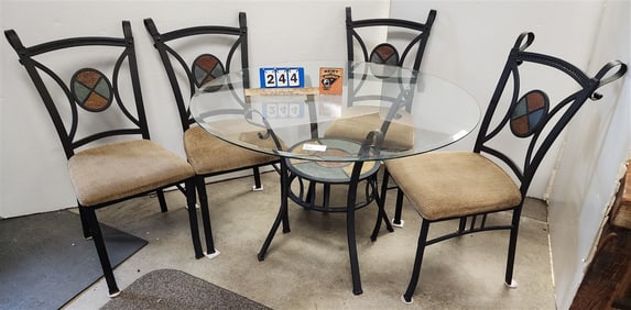 Wrought + Slate Base Bevelled Glass Top Patio 30 1/2" H X 45" Diam. w/4Chairs