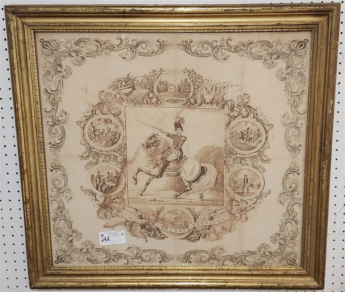 Framed 1840 William Henry Harrison Campaign Bandana 25" X 27" w/Frame 30" X 32" (1 of 2)