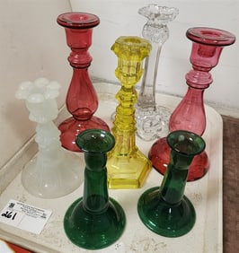 Tray Candlesticks - Crystal 9 1/2", Pr. Blown Cranberry Glass 9", Vaseline Glass 9 1/4, Clam Broth