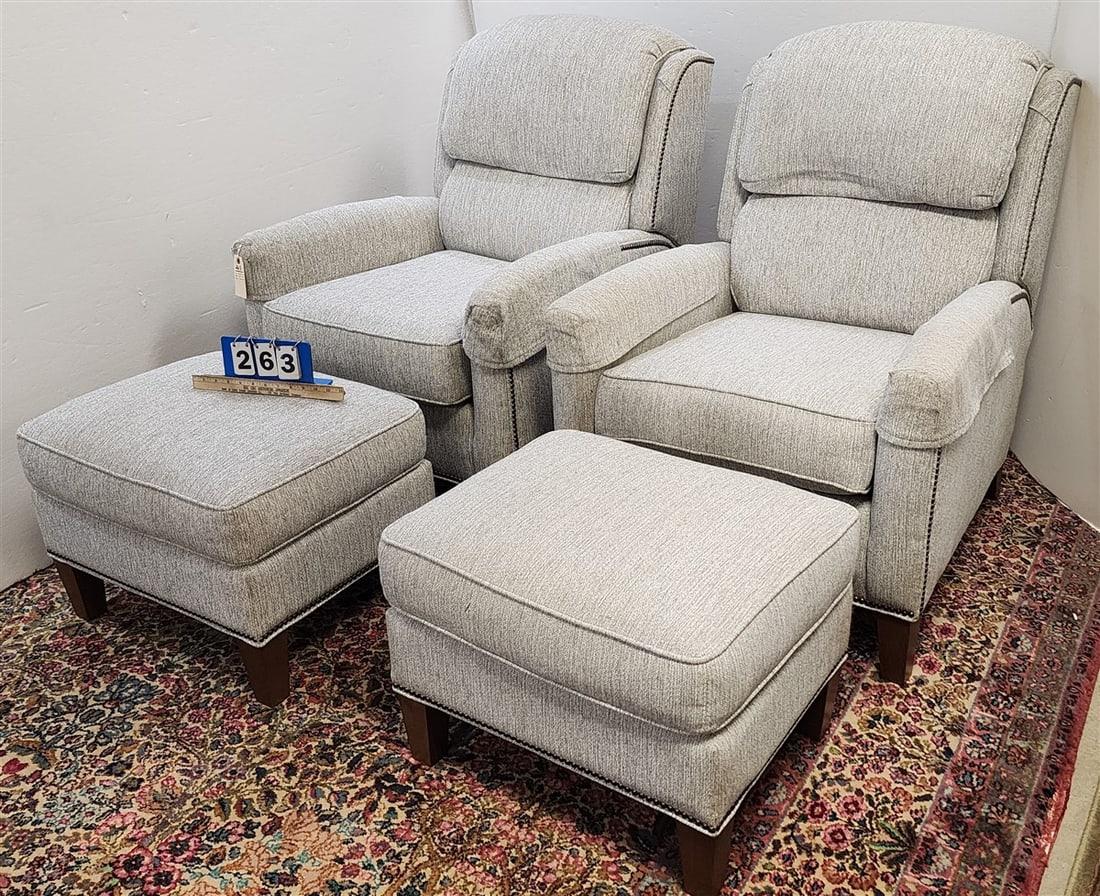 Pr. Smith Bros. Full Reclining Lounge Chairs 41" H X 30" W X 22" D w/Pr. Ottomans 19" H X 23" W X (1 of 3)