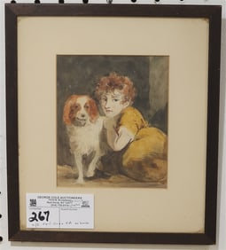 Framed W/C Boy & Dog Sgnd On Back Ouen RA (royalAcademy)5 1/2" X 4 1/2" w/Frame 10" X 8 3/4"