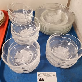 Tray 12 Etched Floral Motif Plates 8" Diam. + 12 Etched Fruit Motif Bowls 2" H X 5" Diam.