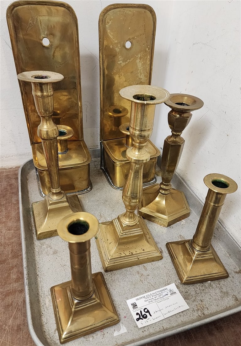 Tray 5 18th C Brass Candlesticks + Pr. Brass Wall Candle Sconces w/Compartment 12" X 4" W X 3 1/2" D (1 of 1)