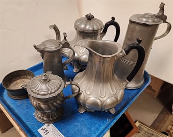 Tray Pewter Early Tankard, Tea Pot, Pitcher Etc.