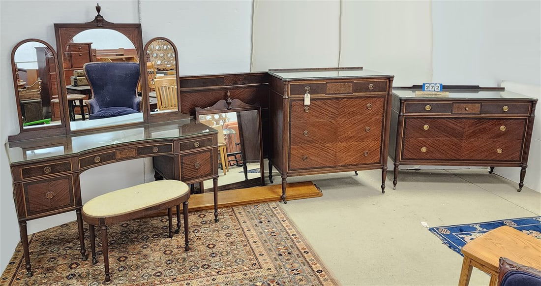 6 Pc. Berkey + Gay Walnut Bed Set - Vanity 67 1/2" H X 54" W X 21" D, Bench 18" X 28 1/2" X 14" D, (1 of 5)