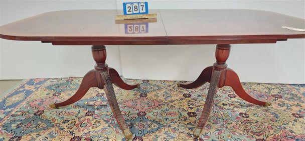 Double Ped. Mahog + Burl Walnut Dining Table 30 1/2" H X 44" W X 76 1/2" L