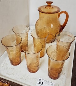 Tray Amber Glass Covered Lemonade Pitcher w/6 Glasses