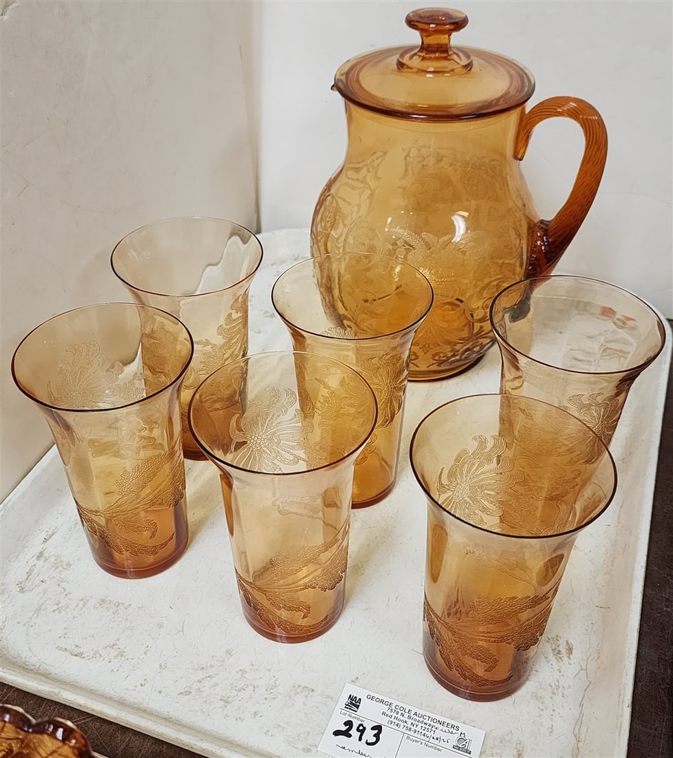 Tray Amber Glass Covered Lemonade Pitcher w/6 Glasses: Tray Amber Glass Covered Lemonade Pitcher w/6 Glasses