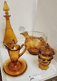 Tray Amber Glass Decanter 14 1/2", Deco Pitcher 8 1/2" H X 8" W, Covered Pitcher 8" w/Liner 6 1/2"