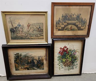 Bx 4 Framed Currier + Ives Colored Lithos- Fox Chase 10" X 14", Rip Van Winkle's Cottage 12" X 15