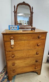 Maple 5 Drawer Chest 44" H X 32 1/2" W X 19 3/4" D w/Walnut Dresser Mirror 21 1/2" H X 18 1/2" W X