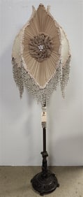 Brass Floor Lamp w/Elaborately Beaded + Pleated Shade 67"