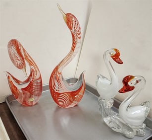 Tray 2 Murano Bird Figurines 14" H X 10" + Hand Blown Duck Group 9" H X 6 1/2" W