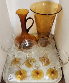 Tray Amber Glass 11 1/2" Vase, Pitcher 11 1/2", 6 Amber Base Stemware