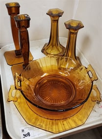 Tray Amber Glass - 4 Candlesticks, Bowl 3 3/4" H X 10" + Liner 10" Diam. + 8" Plate