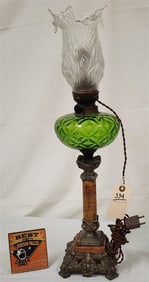 19th C Oil Lamp Metal + Marble w/Green Glass Font - Elec. 26"